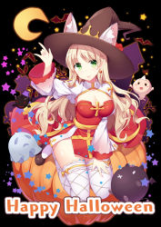 Rule 34 | 1girl, :p, amemiya ruki, animal ear fluff, animal ears, arch bishop (ragnarok online), arm up, black background, breasts, brown footwear, brown hat, cleavage, closed mouth, commentary request, crescent, dress, earrings, ears through headwear, fingernails, full body, ghost, green eyes, halloween, happy halloween, hat, highres, jewelry, light brown hair, long hair, long sleeves, looking at viewer, medium breasts, nail polish, pink nails, pointy ears, pumpkin, ragnarok online, red dress, shoes, shrug (clothing), smile, solo, star (symbol), starry background, thighhighs, tongue, tongue out, triangular headpiece, very long hair, white thighhighs, wide sleeves, witch hat