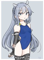 Rule 34 | 1girl, alternate costume, arm behind back, black gloves, black thighhighs, blue hair, blue one-piece swimsuit, competition swimsuit, elbow gloves, gloves, grey eyes, headgear, highres, i-203 (kancolle), kantai collection, kosame (iso), long hair, one-piece swimsuit, parted lips, sidelocks, signature, simple background, solo, swimsuit, thighhighs