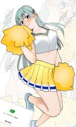 Rule 34 | 1girl, alternate costume, aqua hair, blush, breasts, cheerleader, closed mouth, crop top, hair between eyes, hair ornament, hairclip, highres, holding, holding pom poms, kantai collection, large breasts, long hair, looking at viewer, midriff, pleated skirt, pom pom (cheerleading), pom poms, shishanmo, shoes, simple background, skirt, sneakers, solo, sparkle, suzuya (kancolle), yellow skirt, zoom layer