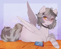 Rule 34 | 1girl, animalization, artist name, card, choker, commentary, creatures (company), english commentary, fang, game freak, grey hair, highres, indie virtual youtuber, my little pony, my little pony: friendship is magic, nintendo, orange eyes, pegasus, pokemon, snuffy (vtuber), snuffy (vtuber) (pegasus), split mouth, succuguts, tail, virtual youtuber, wings