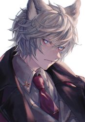 Rule 34 | animal ears, bad id, bad twitter id, blue eyes, collared shirt, erune, granblue fantasy, hair between eyes, looking at viewer, male focus, necktie, nehan (granblue fantasy), omotim000, shirt, silver hair, solo, white background, white shirt