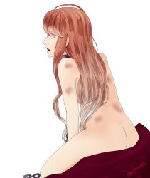 Rule 34 | 10s, 1girl, 2015, alternate hairstyle, ass, back, beatrix (diabolik lovers), blonde hair, blue eyes, bruise, chain, collar, diabolik lovers, dress, fangs, from behind, half-closed eyes, highres, injury, long hair, looking at viewer, nude, open mouth, seven (sloxed), solo, transparent background, vampire