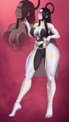 Rule 34 | 1girl, \n/, absurdres, barefoot, blush, bodypaint, breasts, cleavage, colored skin, commentary, commission, english commentary, feet, female seth (street fighter), fraankyy, full body, grey skin, hair over one eye, halo, hand on own hip, highres, large breasts, long hair, looking at viewer, metal skin, muscular, nail polish, neon trim, orb, painted clothes, smile, solo, standing, straight hair, street fighter, street fighter v, thick thighs, thighs, toes, very long hair, wide hips, yin yang, yin yang orb