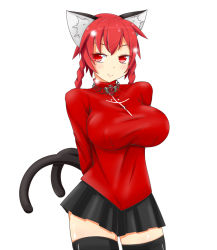 Rule 34 | 1girl, animal ears, braid, breasts, cat ears, cat tail, contrapposto, cosplay, highres, himenomikan, kaenbyou rin, large breasts, multiple tails, nekomata, red eyes, red hair, skirt, smile, solo, tail, thighhighs, tohsaka rin, tohsaka rin (cosplay), touhou, twin braids, two tails, zettai ryouiki
