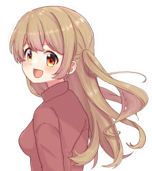 Rule 34 | 1girl, absurdres, ao (flowerclasse), blush, breasts, brown hair, brown sweater, commentary request, from side, highres, long hair, looking at viewer, looking to the side, medium breasts, minagi koharu, red eyes, simple background, slow loop, solo, sweater, two side up, upper body, white background