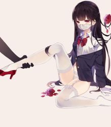 Rule 34 | 1girl, bad id, bad pixiv id, blunt bangs, bow, bowtie, brown hair, collared shirt, commentary request, disembodied hand, flower, garter straps, gloves, hand on another&#039;s leg, high heels, lace, lace-trimmed legwear, lace-trimmed panties, lace trim, long hair, mask, mouth mask, no pants, original, panties, recotasan, red eyes, red flower, red footwear, red rose, rose, school uniform, shirt, shoes, single shoe, sitting, solo, surgical mask, thighhighs, underwear, white gloves, white thighhighs