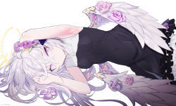 Rule 34 | 1girl, armpits, azusa (blue archive), black dress, blue archive, breasts, collarbone, covered navel, dress, feathered wings, flower, hair between eyes, hair flower, hair ornament, halo, long hair, looking at viewer, mishima hiroji, pink eyes, silver hair, simple background, sleeveless, sleeveless dress, small breasts, solo, white background, white wings, wings