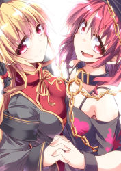 Rule 34 | 2girls, :d, asymmetrical docking, bare shoulders, blonde hair, breast press, breasts, chain, choker, eyelashes, flat chest, heart, hecatia lapislazuli, hemogurobin a1c, interlocked fingers, junko (touhou), long hair, long sleeves, looking at viewer, multiple girls, open mouth, red eyes, red hair, ribbon, simple background, smile, teeth, touhou, upper body, white background, wrist cuffs