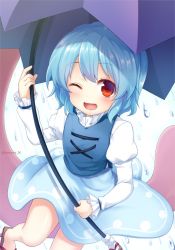 Rule 34 | 1girl, :d, blue hair, blush, commentary request, juliet sleeves, long sleeves, looking at viewer, nnyara, one eye closed, open mouth, puffy sleeves, rain, red eyes, short hair, smile, solo, tatara kogasa, touhou, twitter username, umbrella