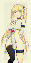 Rule 34 | 1girl, arm behind back, bare shoulders, blonde hair, blurry, breasts, commentary request, covered navel, elbow gloves, feet out of frame, gloves, highres, kotomeiro, large breasts, naruko (naruto), naruto, naruto (series), no panties, single thighhigh, sleeveless, solo, thigh strap, thighhighs, twintails, uchiha symbol