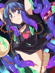 Rule 34 | 1girl, arms up, belt, black hat, black shirt, blue eyes, blue hair, blush, breasts, chain, clothes pull, collarbone, food, frown, hat, heart, hecatia lapislazuli, hemogurobin a1c, looking at viewer, matching hair/eyes, midriff, monster, navel, popsicle, red skirt, restrained, shirt, shirt pull, short hair, skirt, slime (substance), solo, stomach, sweatdrop, t-shirt, tareme, tentacles, tentacles under clothes, touhou, underboob, upper body