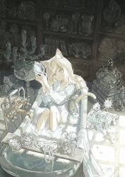 Rule 34 | 1girl, animal ears, bath, bathing, bathtub, blonde hair, book, book stack, bottle, candle, candlestand, cat ears, cat girl, cat tail, closed mouth, clothed bath, commentary request, creature, drawer, dress, faucet, frilled shirt collar, frilled sleeves, frills, gem, green eyes, hair spread out, hands up, head tilt, highres, indoors, jewelry, knees up, light blush, light particles, light rays, long hair, necklace, original, pearl (gemstone), pearl necklace, plank, popepopo999, seashell, shelf, shell, shower head, sitting, solo, starfish, table, tail, unworn jewelry, unworn necklace, wavy hair, white dress, window shadow