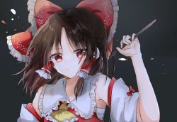 Rule 34 | 1girl, ascot, blush, bow, brown hair, closed mouth, collar, commentary request, detached sleeves, frilled collar, frills, gohei, hair bow, hakurei reimu, highres, long sleeves, looking at viewer, red bow, red eyes, red vest, sarashi, shinonome (ichigotsuki), solo, touhou, vest, wide sleeves, yellow ascot