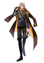 Rule 34 | 1boy, alternate costume, coat, coat on shoulders, formal, formal attire, hat, heterochromia, highres, holding, holding clothes, holding coat, looking at viewer, military, military hat, military uniform, monyung4, punishing: gray raven, solo, solo focus, twitter, uniform, watanabe (punishing: gray raven), white background