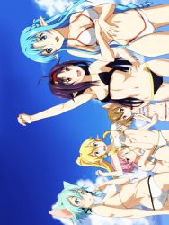 Rule 34 | 10s, 6+girls, animal ears, arm up, armpits, ass, asuna (sao-alo), bare arms, bare legs, bikini, blonde hair, blue eyes, blue hair, grabbing another&#039;s breast, breasts, brown hair, cleavage, covered erect nipples, flat chest, grabbing, green eyes, groping, happy, highres, kotobuki hajime, large breasts, leafa, legs, lisbeth (sao), long hair, looking at viewer, midriff, multiple girls, open mouth, outdoors, parted lips, pink eyes, pink hair, pointy ears, ponytail, purple hair, red eyes, short hair, sideboob, silica, silica (sao-alo), sinon, sky, small breasts, smile, standing, surprised, swimsuit, sword art online, thighs, twintails, yuuki (sao)