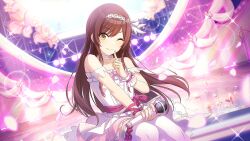 Rule 34 | 1girl, brown eyes, brown hair, choker, dress, game cg, hairband, idol, idolmaster, idolmaster shiny colors, microphone, official art, one eye closed, osaki amana, sitting, smile, solo, sparkle, stage, thighhighs, white dress, white thighhighs, wrist cuffs