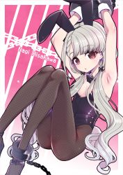Rule 34 | 1girl, animal ears, armpits, arms up, black bow, black bowtie, black leotard, black pantyhose, blunt bangs, bound, bow, bowtie, braid, braided bangs, chain, character name, commentary request, cuffs, detached collar, fake animal ears, fishnet pantyhose, fishnets, flat chest, gradient background, grey hair, hanauna, highres, hisakawa nagi, idolmaster, idolmaster cinderella girls, leotard, long hair, looking at viewer, low twintails, pantyhose, playboy bunny, rabbit ears, rabbit girl, red eyes, shackles, solo, strapless, strapless leotard, twintails, two-tone background, wrist cuffs