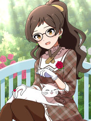 1girl animal animal_on_lap black-framed_eyewear black_hair blush breasts brown_dress brown_pantyhose bush buttons cat cross_tie day dot_nose dress earrings eyelashes flower from_side glasses gloves hair_ribbon highres idolmaster idolmaster_million_live! idolmaster_million_live!_theater_days jewelry kitazawa_shiho long_hair official_alternate_costume on_lap open_mouth outdoors pantyhose parted_bangs petting plaid_clothes plaid_dress ponytail red_flower red_rose ribbon ring rose rose_ring sitting sleeves_past_elbows small_breasts solo sunlight trinitro_t wavy_hair white_cat white_gloves yellow_eyes yellow_ribbon