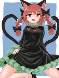 Rule 34 | 1girl, animal ears, black bow, black dress, black footwear, black tail, blue background, bow, braid, breasts, cat ears, cat tail, chups, dress, extra ears, fang, footwear bow, frilled dress, frilled sleeves, frills, green frills, hair bow, highres, holding, holding clothes, holding dress, kaenbyou rin, long sleeves, looking at viewer, multiple tails, nekomata, open mouth, red eyes, red hair, red neckwear, seiza, shoes, short hair, simple background, sitting, solo, sweat, tail, touhou, twin braids, two tails
