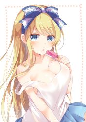 Rule 34 | 1girl, absurdres, alice (alice in wonderland), alice in wonderland, bare shoulders, blonde hair, blue eyes, blue ribbon, blue skirt, blush, breasts, cleavage, collarbone, emilion, emu alice, eyebrows, food, food on body, hair ribbon, highres, holding, holding food, large breasts, liver city, long hair, looking at viewer, medium breasts, off shoulder, open mouth, original, pleated skirt, popsicle, ribbon, shirt, skirt, sleeveless, sleeveless shirt, solo, sweat, swept bangs, tank top, very long hair, white background, white shirt