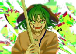 Rule 34 | 1girl, animal ears, artist name, broom, dog ears, dress, green eyes, green hair, holding, holding broom, kasodani kyouko, kimon 102, long sleeves, looking at viewer, one-hour drawing challenge, open mouth, pink dress, short hair, shouting, signature, smile, solo, touhou, upper body