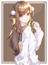Rule 34 | 1girl, bell, black sailor collar, blonde hair, brown eyes, brown hair, closed mouth, from side, hair ornament, hairclip, highres, holding, holding hair, jingle bell, long hair, long sleeves, looking at viewer, looking back, multicolored hair, original, puffy sleeves, sailor collar, school uniform, se.a, shirt, sidelocks, simple background, smile, solo, streaked hair, tam tambourine, two side up, upper body, white shirt