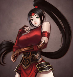 Rule 34 | 1girl, akali, akali (legacy), alternate costume, armband, armor, bare shoulders, black hair, bracer, breast hold, breasts, clenched hand, corset, covered erect nipples, cowboy shot, crimson akali, elbow gloves, faulds, fingerless gloves, forehead protector, gloves, green eyes, grey background, grin, high ponytail, highres, hip focus, japanese clothes, large breasts, league of legends, leotard, lips, long hair, looking at viewer, mask, unworn mask, ninja, pale skin, pelvic curtain, ponytail, red gloves, red leotard, scrunchie, seiryuu zaiten, skin tight, smile, solo, spikes, taut clothes, vambraces, very long hair