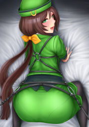 Rule 34 | 1girl, aonuma kiyoharu, ass, bdsm, bed, bed sheet, black pantyhose, blush, bondage, bound, bow, brown hair, commentary request, dress, green dress, green eyes, green headwear, hairstyle request, hayakawa tazuna, highres, kneeling, long hair, long sleeves, looking at viewer, o-ring, on bed, open mouth, pantyhose, pantylines, smile, solo, umamusume, very long hair, yellow bow