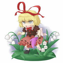 Rule 34 | &gt;:), 1girl, :d, blonde hair, bow, dress, female focus, flower, hair ribbon, lily of the valley, medicine melancholy, nice (artist), open mouth, poison, ribbon, short hair, grey eyes, smile, solo, spill, touhou, v-shaped eyebrows