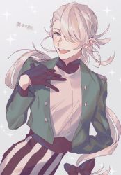Rule 34 | 1boy, bishounen series, black gloves, black ribbon, blush, ginga two, gloves, green shirt, grey background, grey eyes, hair over one eye, hair ribbon, hand on own chest, highres, long hair, long sleeves, looking at viewer, open mouth, pants, ponytail, ribbon, sakiguchi nagahiro, school uniform, shirt, silver hair, simple background, smile, solo, striped clothes, striped pants, teeth, upper teeth only, very long hair, yubiwa high school uniform