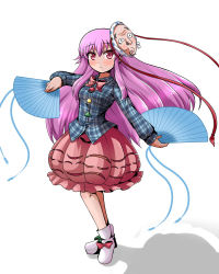 Rule 34 | 1girl, blush, boots, bow, bowtie, bubble skirt, crossed legs, expressionless, folding fan, full body, hand fan, hata no kokoro, long hair, looking at viewer, mask, mono60, mono (mono60), pink eyes, pink hair, plaid, plaid skirt, shadow, simple background, skirt, solo, tassel, touhou, very long hair, white background