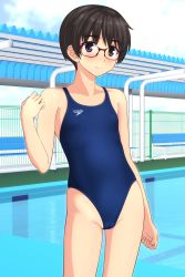 Rule 34 | 1girl, absurdres, androgynous, bad id, bad twitter id, bench, black eyes, black hair, blue one-piece swimsuit, blush, brown-framed eyewear, collarbone, commentary request, competition swimsuit, cowboy shot, flat chest, glasses, highres, inactive account, one-piece swimsuit, original, pool, short hair, solo, speedo (company), standing, swimsuit, takafumi