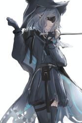 Rule 34 | 1girl, absurdres, arknights, belt, belt pouch, black coat, black dress, black gloves, black headwear, black pantyhose, black thighhighs, blindfold, bracelet, coat, cowboy shot, dress, gloves, grey hair, highres, holding, holding sword, holding weapon, infection monitor (arknights), jewelry, long sleeves, material growth, mebe (teadia violet), open clothes, open coat, oripathy lesion (arknights), pantyhose, pointy ears, pouch, rapier, red eyes, short hair, simple background, single leg pantyhose, single thighhigh, solo, sword, thighhighs, tulip (arknights), weapon, white background