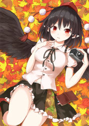 Rule 34 | 1girl, absurdres, autumn leaves, bad id, bad pixiv id, black hair, black ribbon, black skirt, black socks, breasts, buttons, camera, commentary request, finger to cheek, hat, highres, large breasts, leaf, looking at viewer, lying, miniskirt, navel, neck ribbon, notebook, on back, pointy ears, pom pom (clothes), red eyes, red footwear, ribbon, shameimaru aya, shoes, skirt, socks, solo, tassel, techi (techi35499), tokin hat, touhou, wing collar