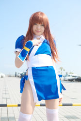 Rule 34 | 1girl, asian, breasts, cosplay, dead or alive, highres, kasumi (doa), kasumi (doa) (cosplay), looking at viewer, namada, outdoors, panties, pelvic curtain, photo (medium), red hair, side-tie panties, sky, small breasts, solo, tecmo, thighhighs, underwear, white thighhighs