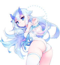 Rule 34 | 1girl, ass, asymmetrical legwear, azur lane, bare shoulders, blue eyes, blue hair, breasts, closed mouth, commentary request, hair between eyes, highres, horns, i-13 (azur lane), leaning forward, long hair, long sleeves, looking at viewer, looking back, medium breasts, one-piece swimsuit, puffy long sleeves, puffy sleeves, ribbon-trimmed legwear, ribbon trim, see-through, see-through sleeves, shichijou natori, short eyebrows, simple background, single thighhigh, solo, swimsuit, thick eyebrows, thighhighs, uneven legwear, very long hair, white background, white one-piece swimsuit, white thighhighs