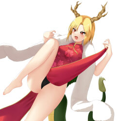 Rule 34 | 1girl, antlers, barefoot, blonde hair, china dress, chinese clothes, doge (jkdoge), dragon girl, dragon horns, dragon tail, dress, highres, horns, kicchou yachie, red dress, red eyes, short hair, tail, touhou, touhou lostword, turtle shell, yellow horns