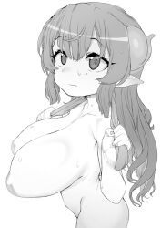 Rule 34 | 1girl, after bathing, breasts, closed mouth, dragon horns, female focus, from side, greyscale, highres, horns, huge breasts, ilulu (maidragon), inverted nipples, kobayashi-san chi no maidragon, long hair, monochrome, mukago (mukagomumumu), nude, pointy ears, shortstack, solo, towel, towel around neck, wet