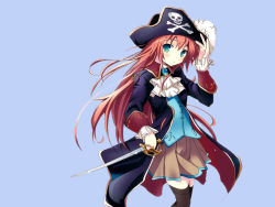 Rule 34 | bicorne, blue eyes, cosplay, hat, long hair, non-web source, pirate, red hair, simple background, skull and crossbones, solo, sword, takashina masato, thighhighs, wallpaper, weapon, zettai ryouiki