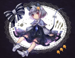 Rule 34 | 1girl, animal ears, bow, capelet, cup, dress, feet, fork, grey hair, hair ornament, highres, jewelry, knife, long sleeves, mouse ears, mouse tail, nazrin, necklace, no shoes, red eyes, ribbon, sanso, short hair, simple background, sitting, socks, solo, spoon, tail, tail ornament, tail ribbon, touhou, white socks