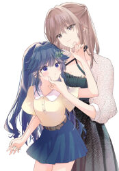 2girls belt black_dress blue_hair blue_skirt brown_eyes brown_hair cheek_squash closed_mouth commentary_request dress hand_on_another&#039;s_face holding_hands interlocked_fingers konataeru light_particles long_hair multiple_girls purple_eyes shirt short_sleeves showaru_tensai_osananajimi_to_no_shobu_ni_makete_hatsutaiken_wo_zenbu_ubawareru_hanashi simple_background skirt smile umezono_komaki white_background yellow_shirt yoshizawa_wakaba yuri