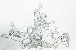 Rule 34 | 10s, 1girl, 6+boys, akatsuka fujio, bartender, bowl cut, brothers, coat, death parade, graphite (medium), hairband, heart, heart in mouth, highres, lying, matsuno choromatsu, matsuno ichimatsu, matsuno jyushimatsu, matsuno karamatsu, matsuno osomatsu, matsuno todomatsu, monochrome, multiple boys, on side, osomatsu-kun, osomatsu-san, osomatsu (series), parody, pointing, pointing at viewer, pointing up, portrait (object), robe, sextuplets, short twintails, siblings, sketch, smile, suspenders, traditional media, trench coat, twintails, yowai totoko