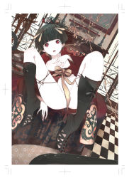 Rule 34 | 1girl, armchair, black hair, bob cut, boots, bottomless, censored, chair, character request, checkered floor, convenient censoring, d.k, dutch angle, floor, hair ornament, jewelry, novelty censor, red eyes, ribbon, ring, short hair, solo, spread legs, wedding band, wedding ring