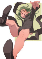 Rule 34 | 1girl, black dress, black footwear, breasts, dress, fu-ta, green background, green eyes, green hair, highres, legs, long sleeves, looking at viewer, one-punch man, pelvic curtain, shoes, short hair, small breasts, solo, tatsumaki, thighs, two-tone background, white background