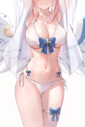Rule 34 | 1girl, absurdres, alternate costume, armpits, arms up, bikini, blue archive, blue bow, blue bowtie, blush, bow, bowtie, breasts, cleavage, collarbone, commentary request, cropped, feet out of frame, head out of frame, highres, low wings, medium breasts, mika (blue archive), navel, pink hair, reneua, shirt, smile, solo, stomach, string bikini, swimsuit, thigh strap, thighs, underboob, white background, white bikini, white shirt, white wings, wing ornament, wings