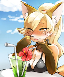Rule 34 | 1girl, :d, animal ears, animal hands, animal nose, bikini, black bikini, blonde hair, blue sky, blush, breasts, character request, cleavage, cloud, commentary request, copyright request, day, drinking straw, flower, fox ears, fox girl, furry, furry female, hibiscus, highres, kinokoningen, large breasts, open mouth, outdoors, red flower, signature, sky, smile, solo, swimsuit, twitter username