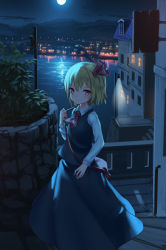 Rule 34 | 1girl, ascot, bag, black skirt, black vest, blonde hair, building, commentary request, feet out of frame, full moon, hair between eyes, hair ribbon, hand up, highres, lamppost, long sleeves, moon, night, night sky, outdoors, plant, red ascot, red eyes, red ribbon, ribbon, roke (taikodon), rumia, satchel, scenery, shirt, short hair, skirt, skirt set, sky, solo, standing, touhou, vest, water, white shirt, window
