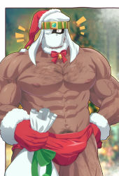 Rule 34 | 1boy, abs, bag, bara, bell, biceps, bida, blurry, blurry background, chest hair, christmas, collar, covered face, dark-skinned male, dark skin, gloves, grabbing, hairy, hand on own hip, hat, headband, highres, large pectorals, leg hair, male focus, male underwear, mask, mature male, muscular, muscular male, navel, navel hair, neck bell, nipples, one eye covered, original, pectorals, santa hat, solo, surprised, thick arms, underwear, veins