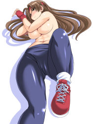 Rule 34 | 1girl, ahoge, alternate hairstyle, areola slip, blush, breasts, brown eyes, brown hair, fingerless gloves, frown, gloves, headband, hip focus, large breasts, long hair, lying, navel, on back, red gloves, shadow, shoes, sneakers, snk, solo, spandex, the king of fighters, tonpuu, topless, underboob, wide hips, yuri sakazaki