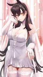 Rule 34 | 1girl, animal ears, atago (azur lane), atago (lily-white vow) (azur lane), azur lane, bare shoulders, black hair, blush, breasts, bridal veil, bride, cafenami, cleavage, dress, elbow gloves, extra ears, garter straps, gloves, highres, jewelry, large breasts, long hair, looking at viewer, mole, mole under eye, ornate ring, ring, smile, solo, swept bangs, thighhighs, veil, wedding dress, wedding ring, white dress, zettai ryouiki